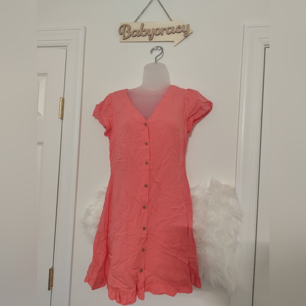 LOFT Button Front V- Neck Cap Sleeve Coral Flare Summer Dress Size 2P